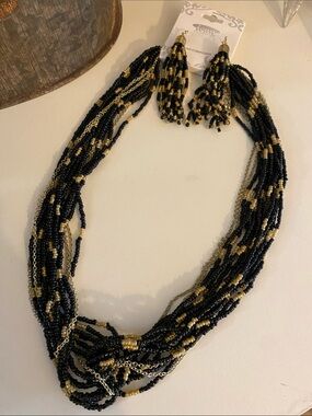 Icon Collection Black and Gold Multi-Strand Beaded Necklace w/ Tassel Earrings